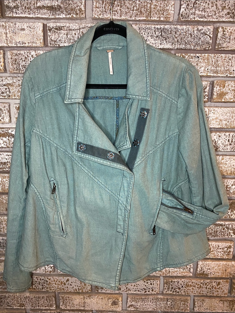 Free People Linen & Cotton Light Green/Teal Denim Moto Jacket